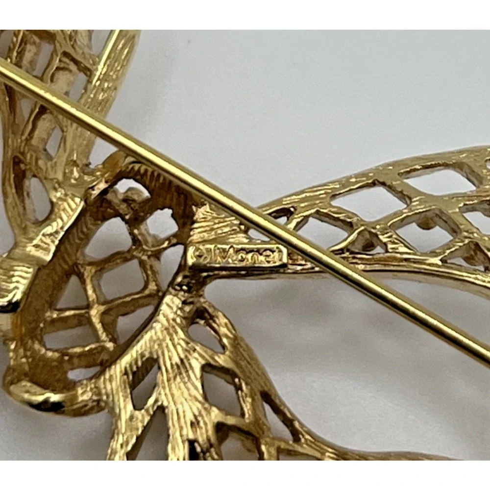 Large Vintage Monet Gold Tone Lattice Ribbon Bow Costume Statement Brooch Bold